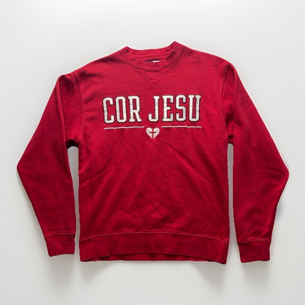 Cor Jesu Big Cotton Sweatshirt Mens M Red Crewneck Embroidered Spellout Pullover - Picture 1 of 12